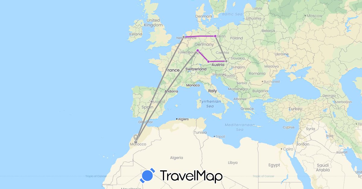 TravelMap itinerary: driving, plane, train in Austria, Germany, Spain, Morocco, Netherlands (Africa, Europe)